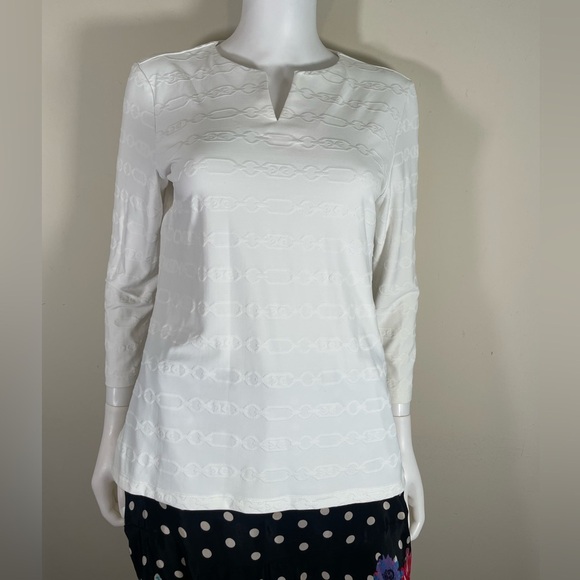 J. McLaughlin 3/4 Sleeve Catalina Cloth Textured Chainlink Top White Sz M V Neck - Picture 5 of 15